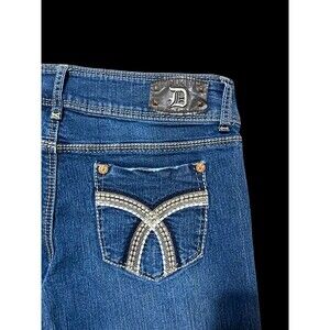 Dollhouse Womens 15 Flare Jeans Y2K Blue Denim Distressed Embroidered Pockets